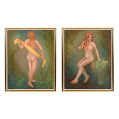 Paar figurale weibliche Aktgemälde im Vintage-Stil in Grün und Gold mit Grün und Gold von J.Z Swanson