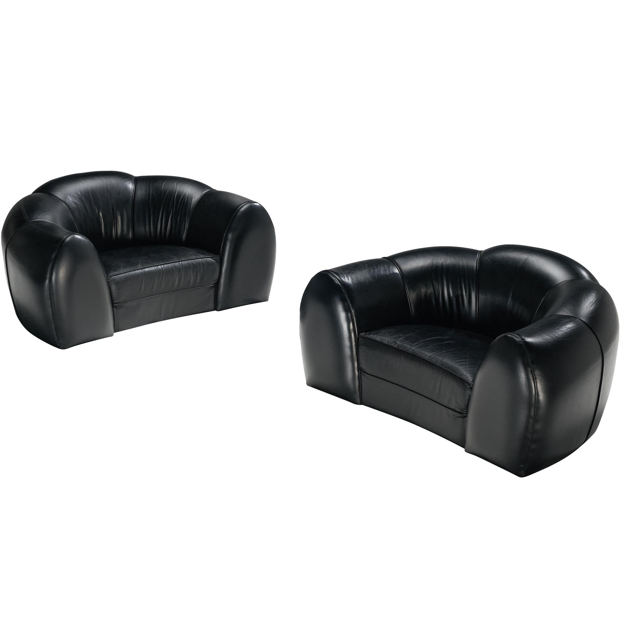 French Bulbous Croissant Shaped Loveseats or Lounge Chairs in Black Leather