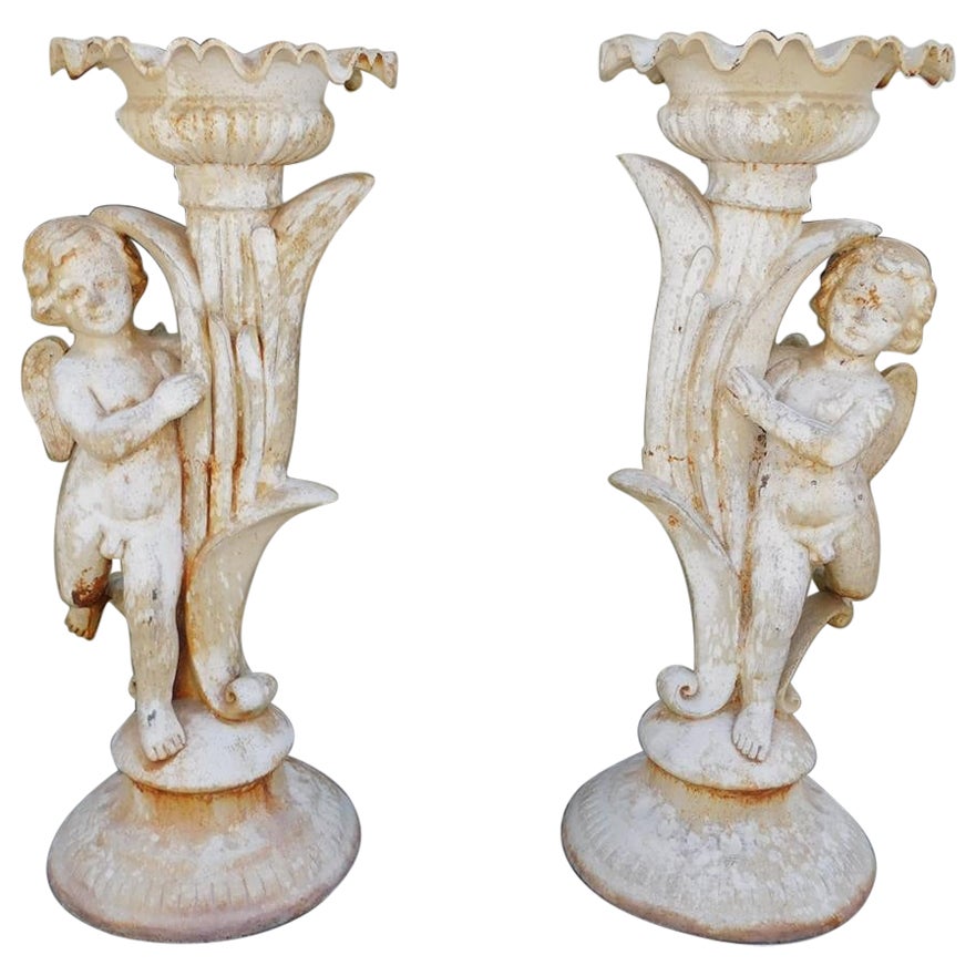 Pair of French Cast Iron Painted Cherub & Foliage Garden Torchieres, Circa 1820