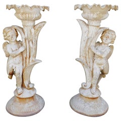 Pair of French Cast Iron Painted Cherub & Foliage Garden Torchieres, Circa 1820