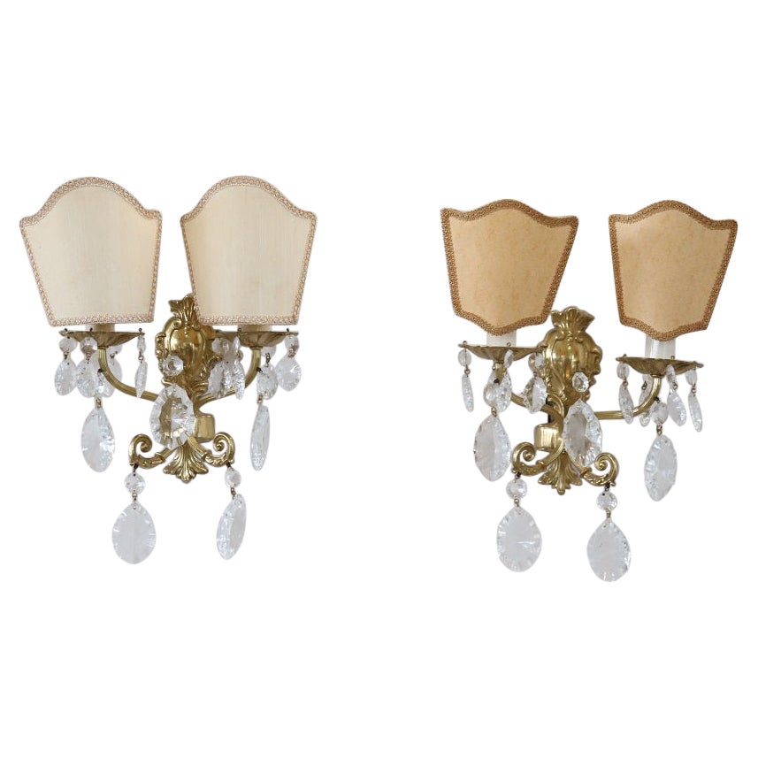 20th Century Italian Pair of Sconces in Gilded Bronze and Crystal