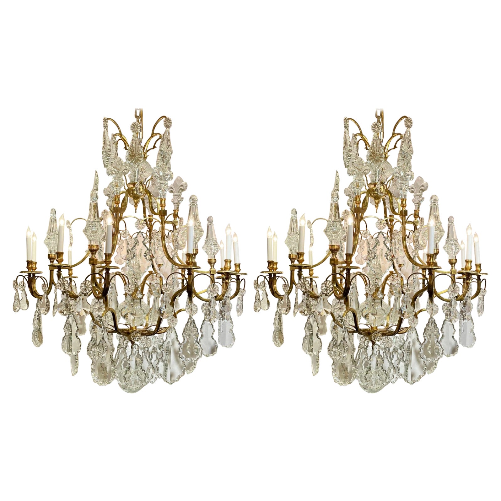 Pair Grand Scale Estate French Cut Crystal & Bronze D'Oré Chandeliers Circa 1960