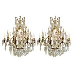 Pair Grand Scale Estate French Cut Crystal & Bronze D'Oré Chandeliers Circa 1960