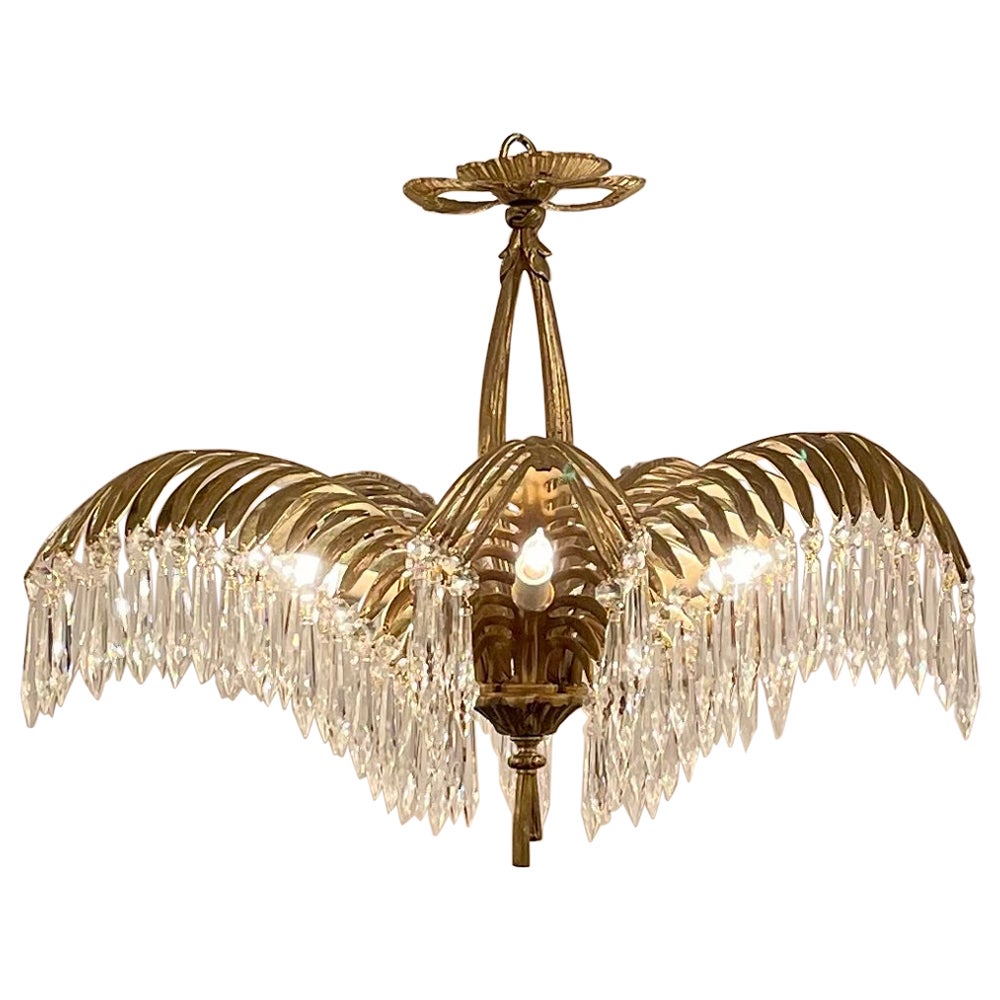 Antique French "Belle Époque" Crystal & Gold Bronze Palm Chandelier, Circa 1890