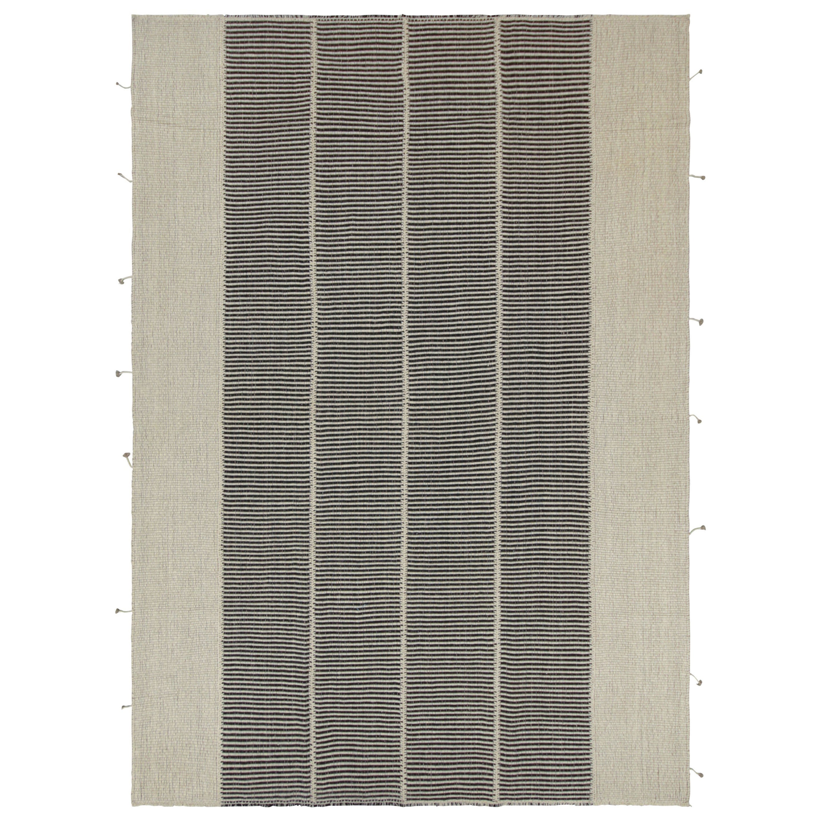 Rug & Kilim’s Contemporary Kilim, Black and Cream White with Textural Stripes