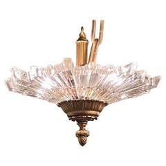 Estate French Art Deco Style Crystal and Gold Bronze Chandelier, Circa 1940's.