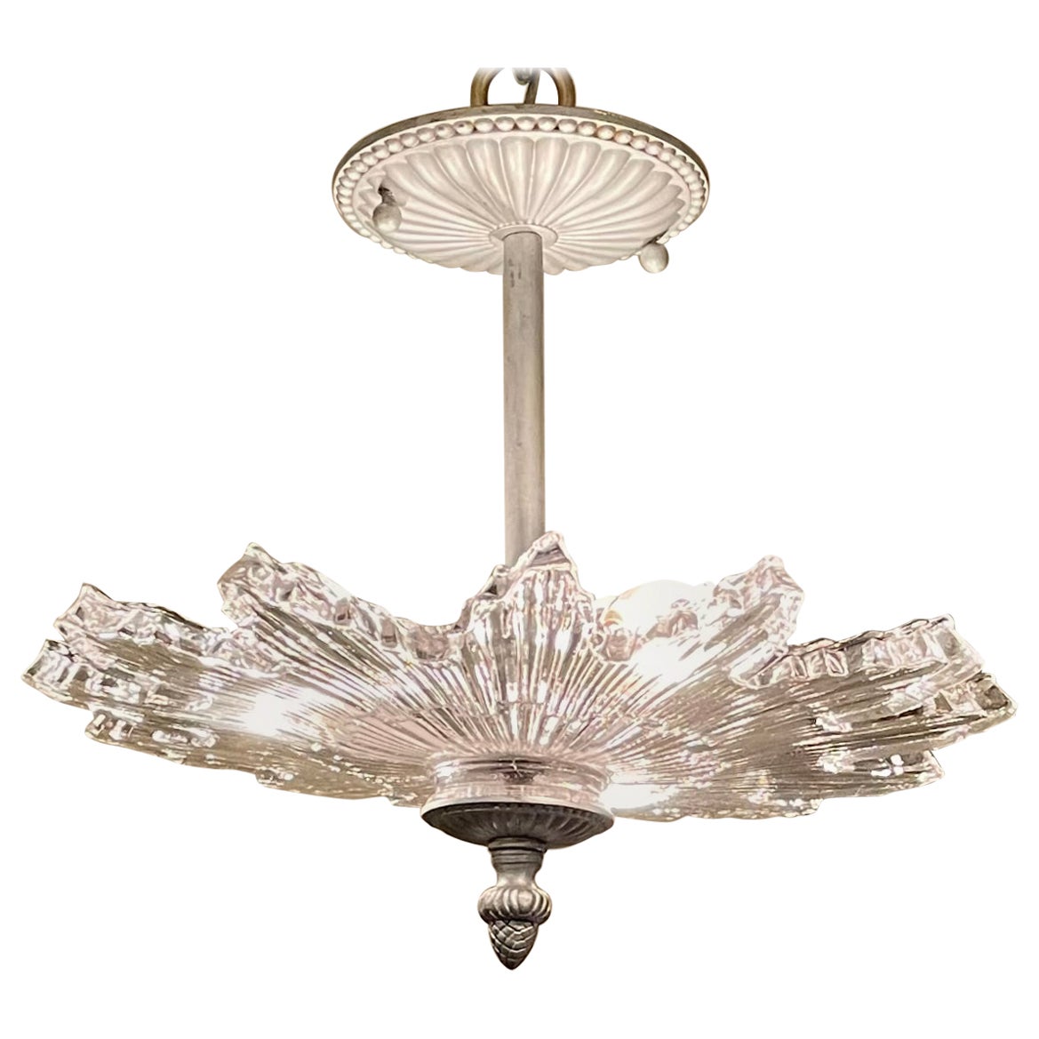 Estate French Art Deco Style Crystal & Silvered Bronze Chandelier, Circa 1940's.