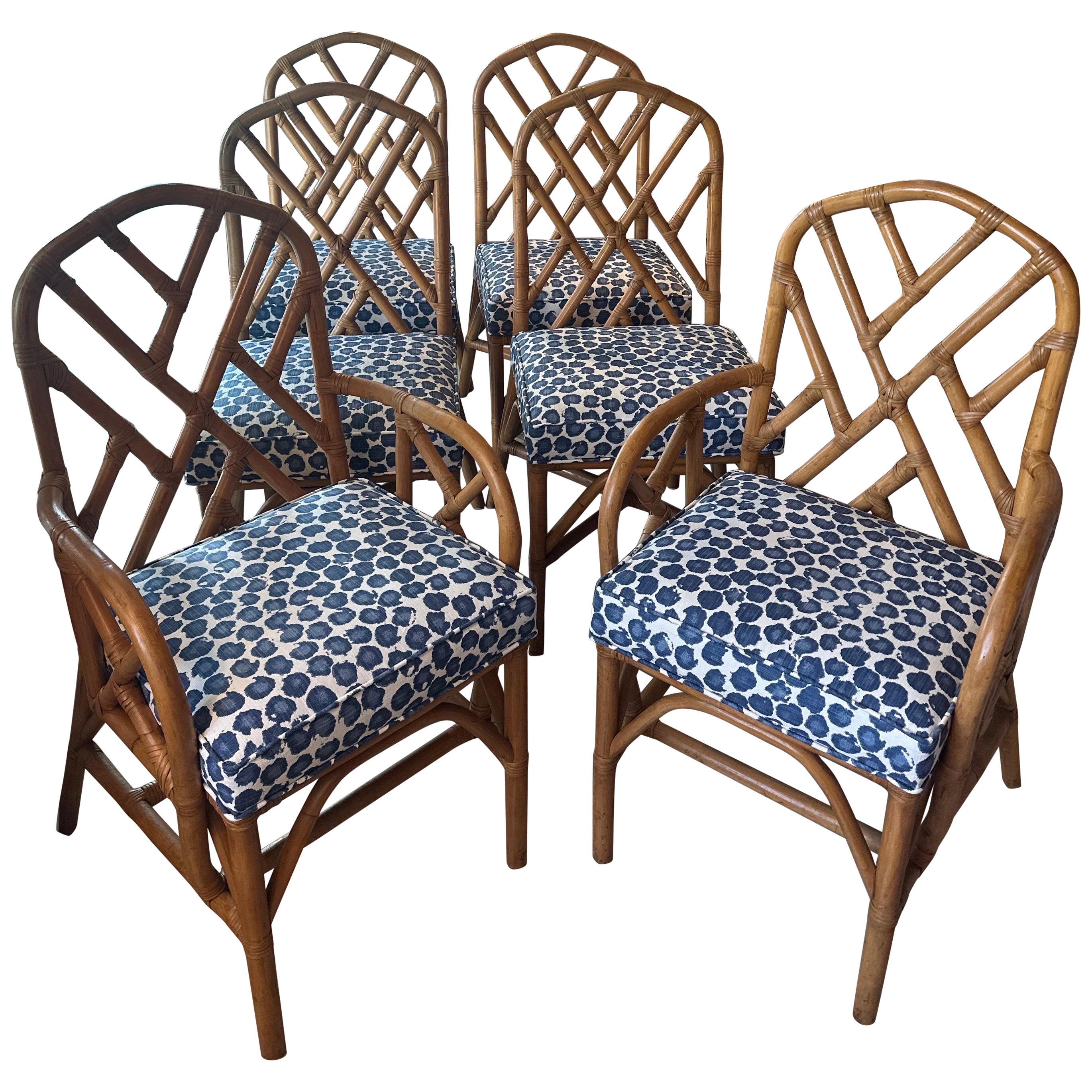 Vintage Set of 6 Rattan Chinese Chippendale Dining Chairs Newly Upholstered Blue