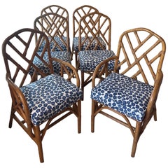 Vintage Set of 6 Rattan Chinese Chippendale Dining Chairs Newly Upholstered Blue
