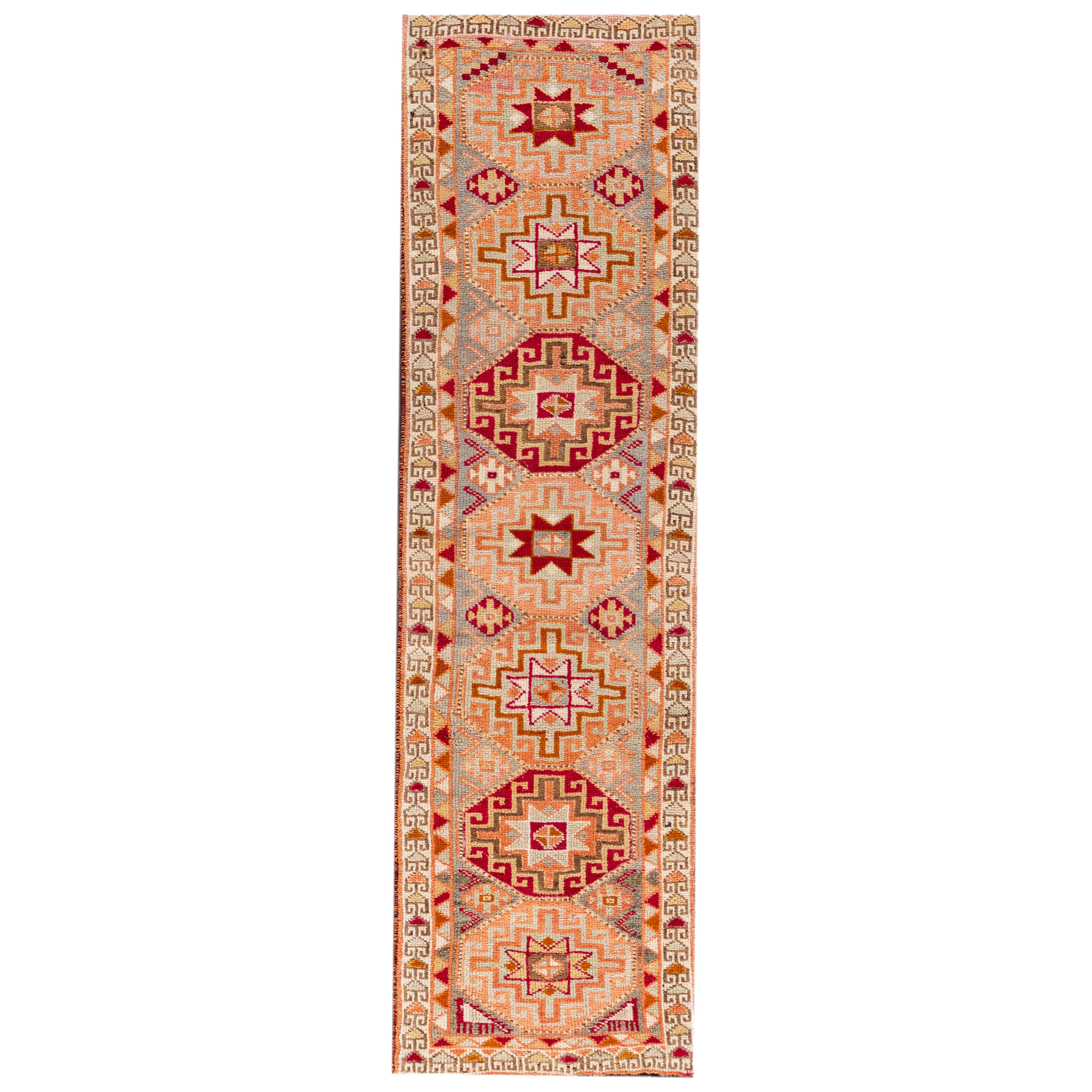 Geometrischer türkischer Vintage-Läufer aus Anatolischer Wolle in Grau und Pfirsich