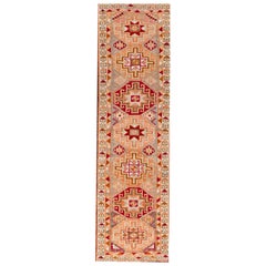 Geometric Vintage Turkish Anatolian Wool Runner In Gray and Peach