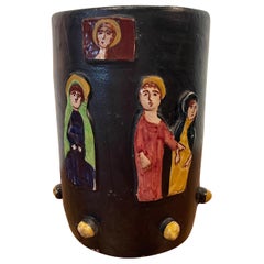 Mid-Century Italian Studio Ceramic Vase with Applied Relief Figures