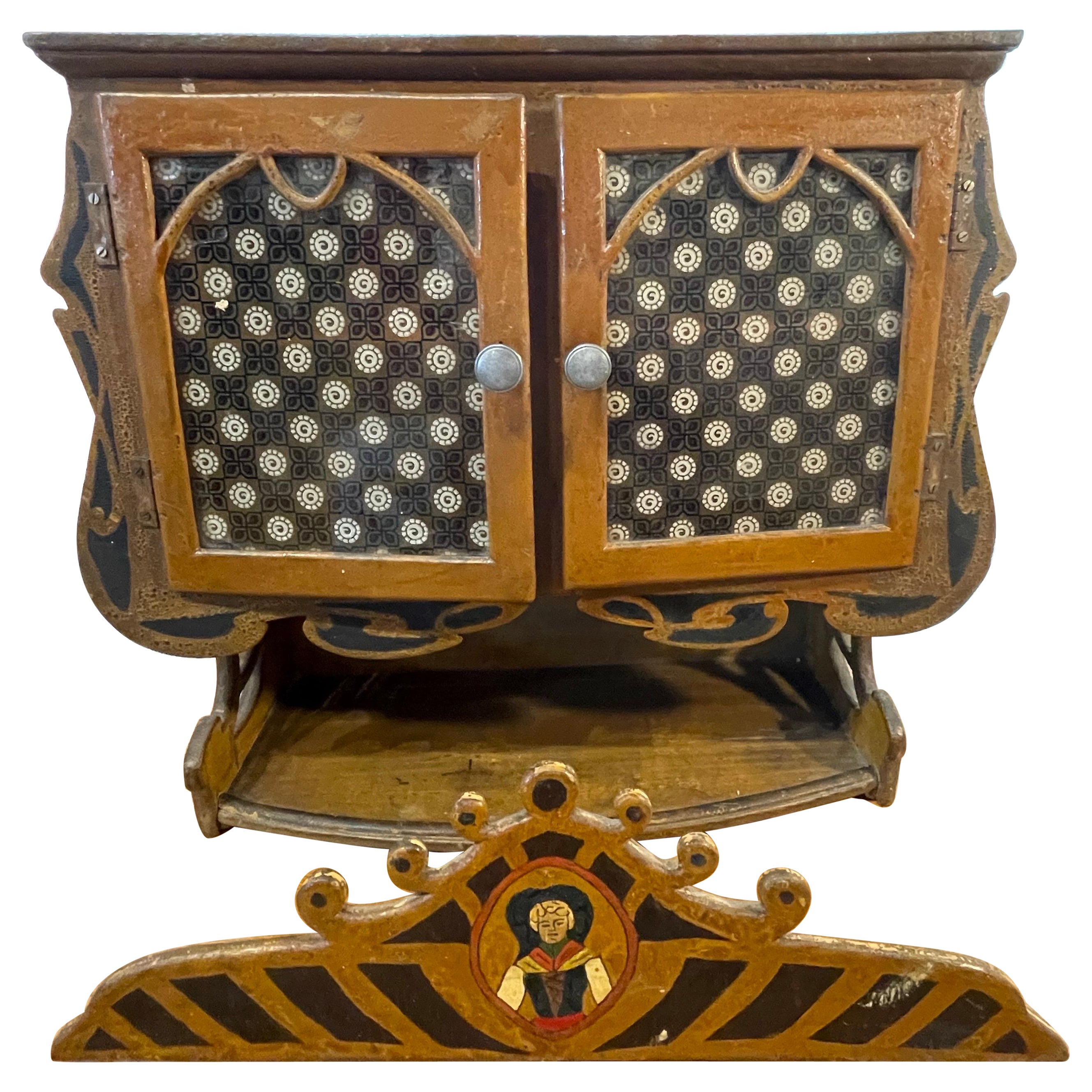 Early 20th Century Hand-Painted Hanging Wall Cabinet with Folk Art Detailing