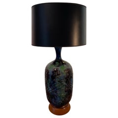 Mid-Century Studio Pottery Table Lamp with Sculpted Floral Glaze and Wood Base