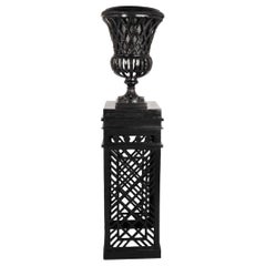 Botanical Heavy Classic Black Cast Aluminum Openwork Urn On Pedestal 4 Available