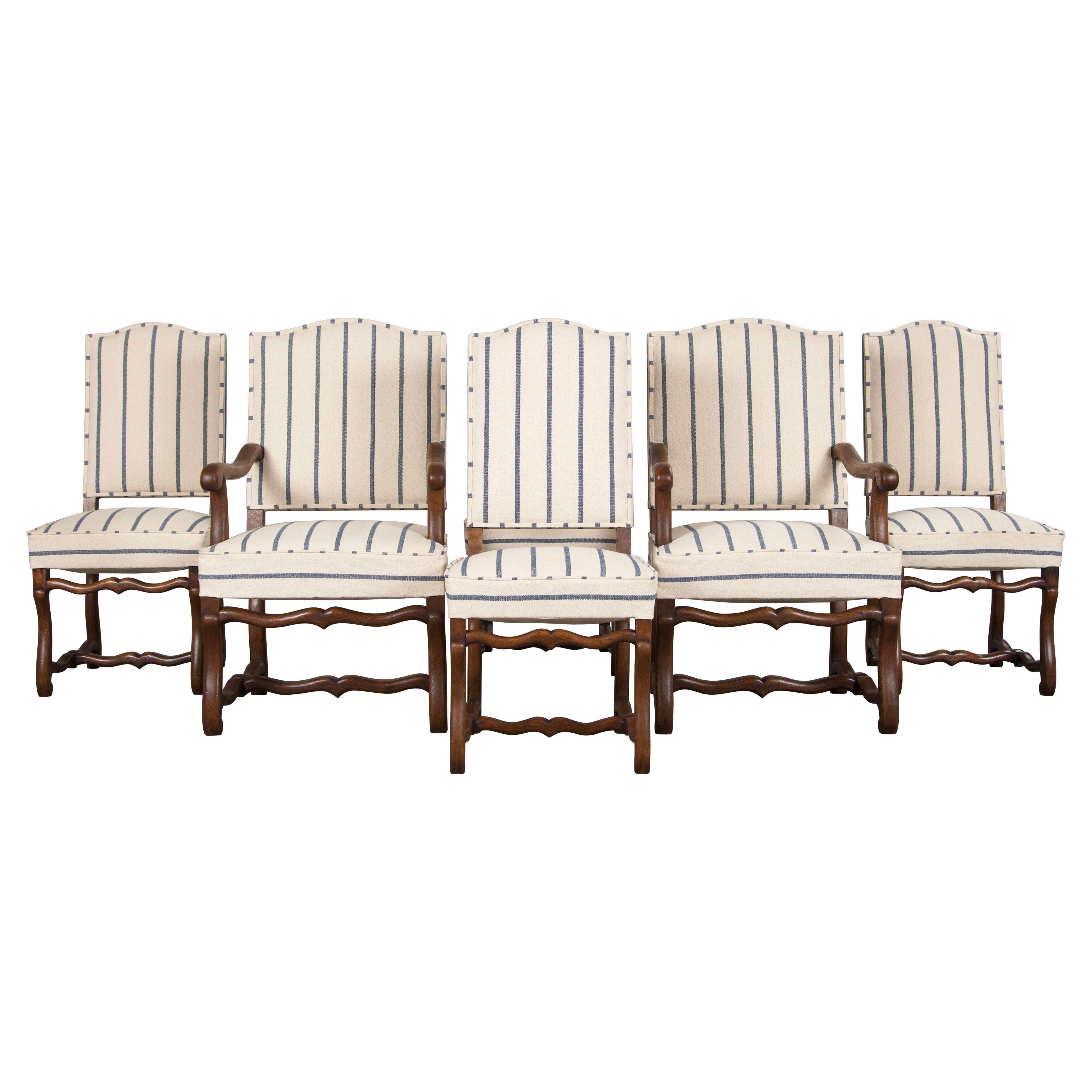 Six Antique French Louis XIII Os De Mouton Oak Dining Chairs in Striped Fabric