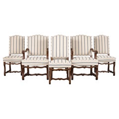 Six Antique French Louis XIII Os De Mouton Oak Dining Chairs in Striped Fabric