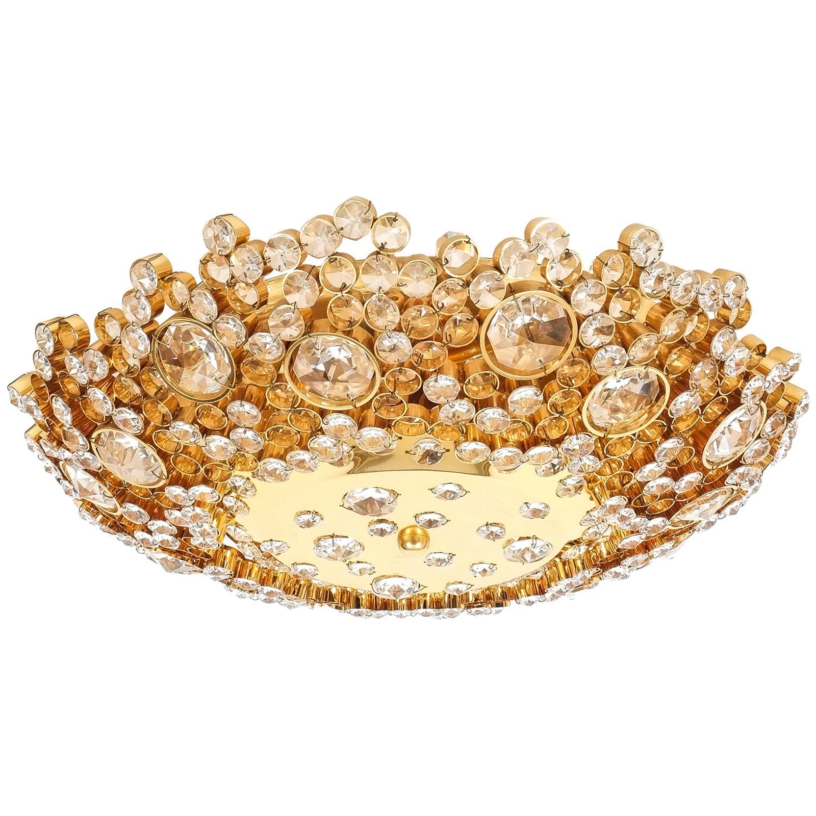 Palwa Crystal Glass Encrusted Gold Plated Brass Flush Mount Ceiling Light, 1960