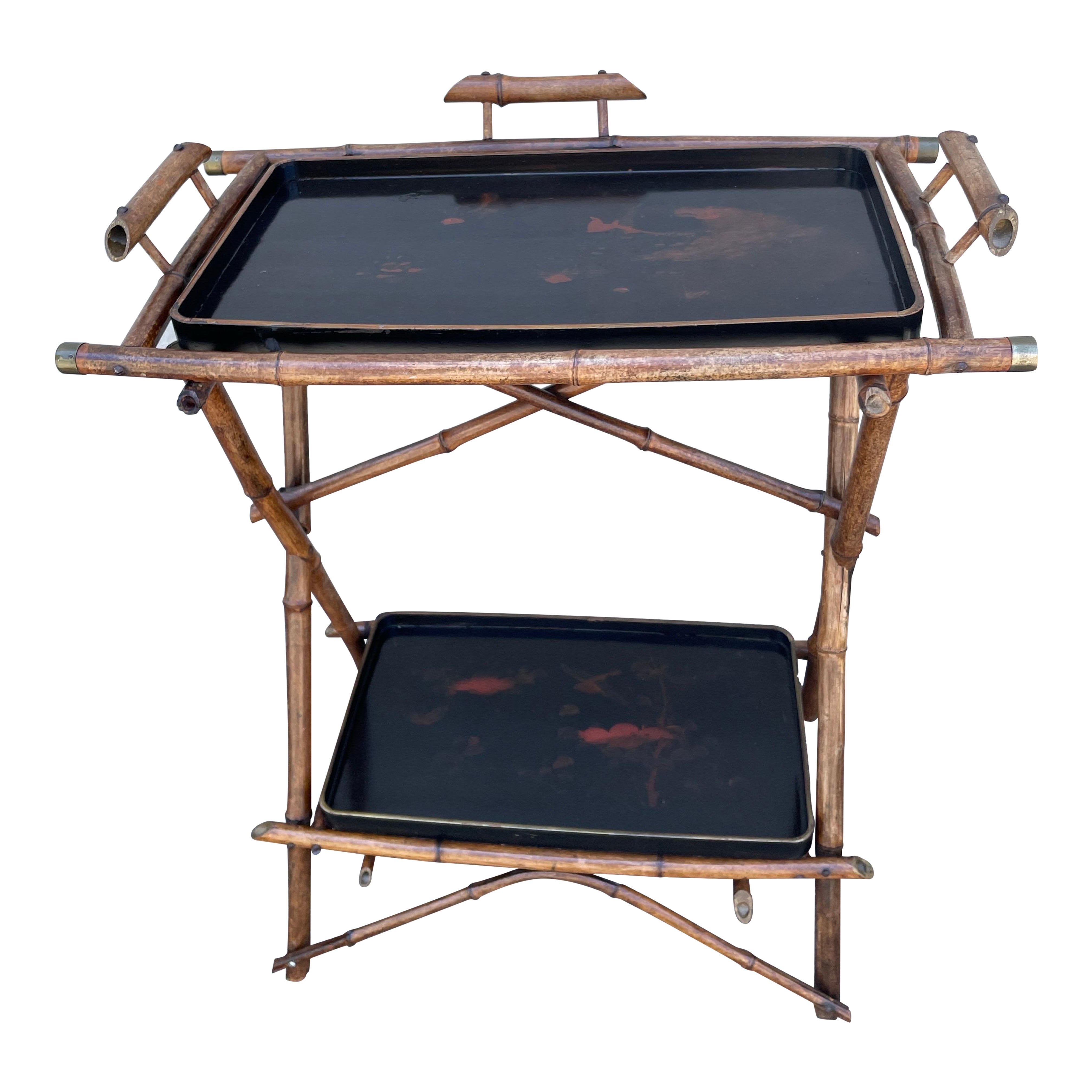 Antique Rare Bamboo Two-Tiered Tray Table