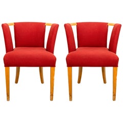 Paire de fauteuils en tissu rouge Eliel Saarinen pour Imperial Rattan Company 1941