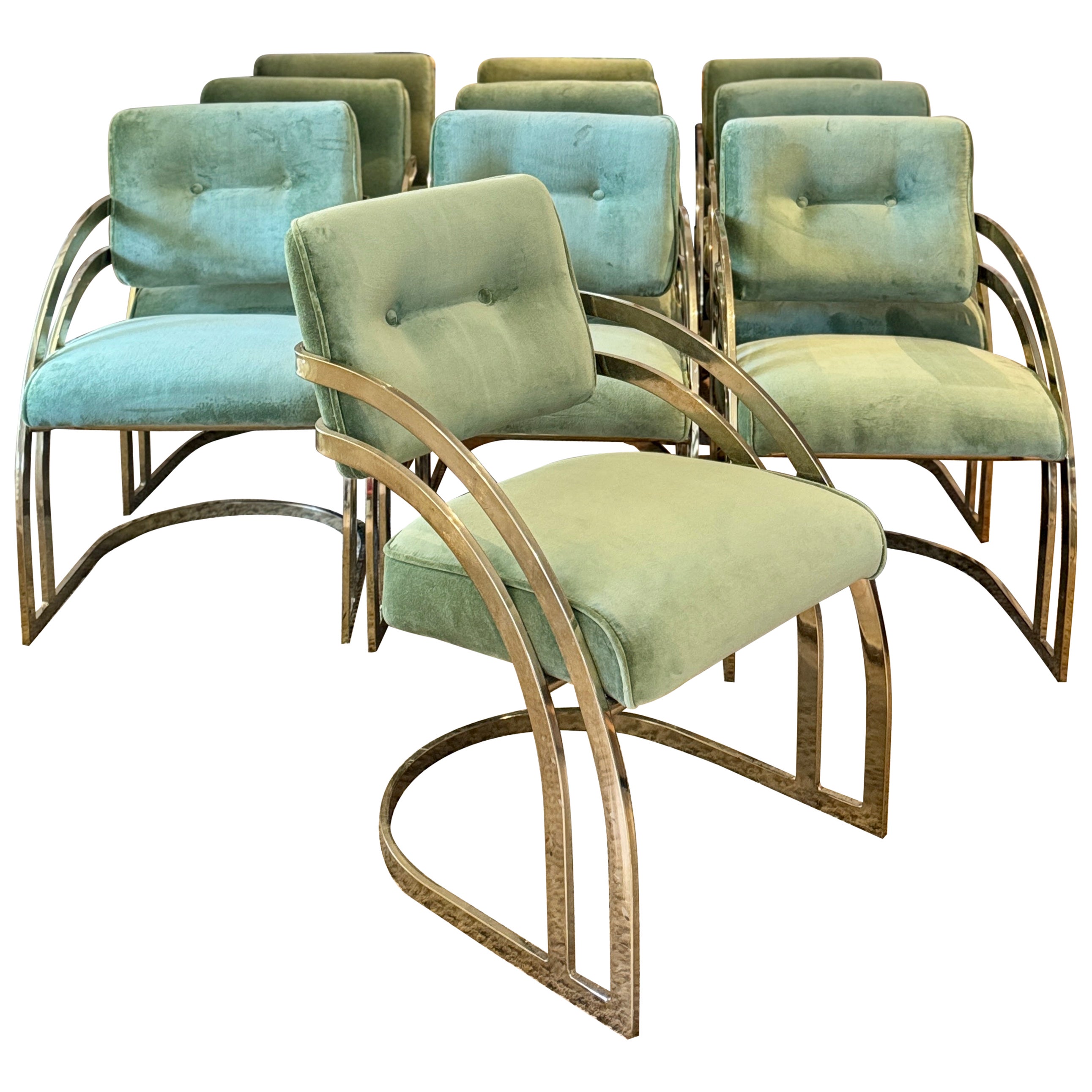 A set of 10 waterfall cantilever brass plated dining chairs  circa 1970s