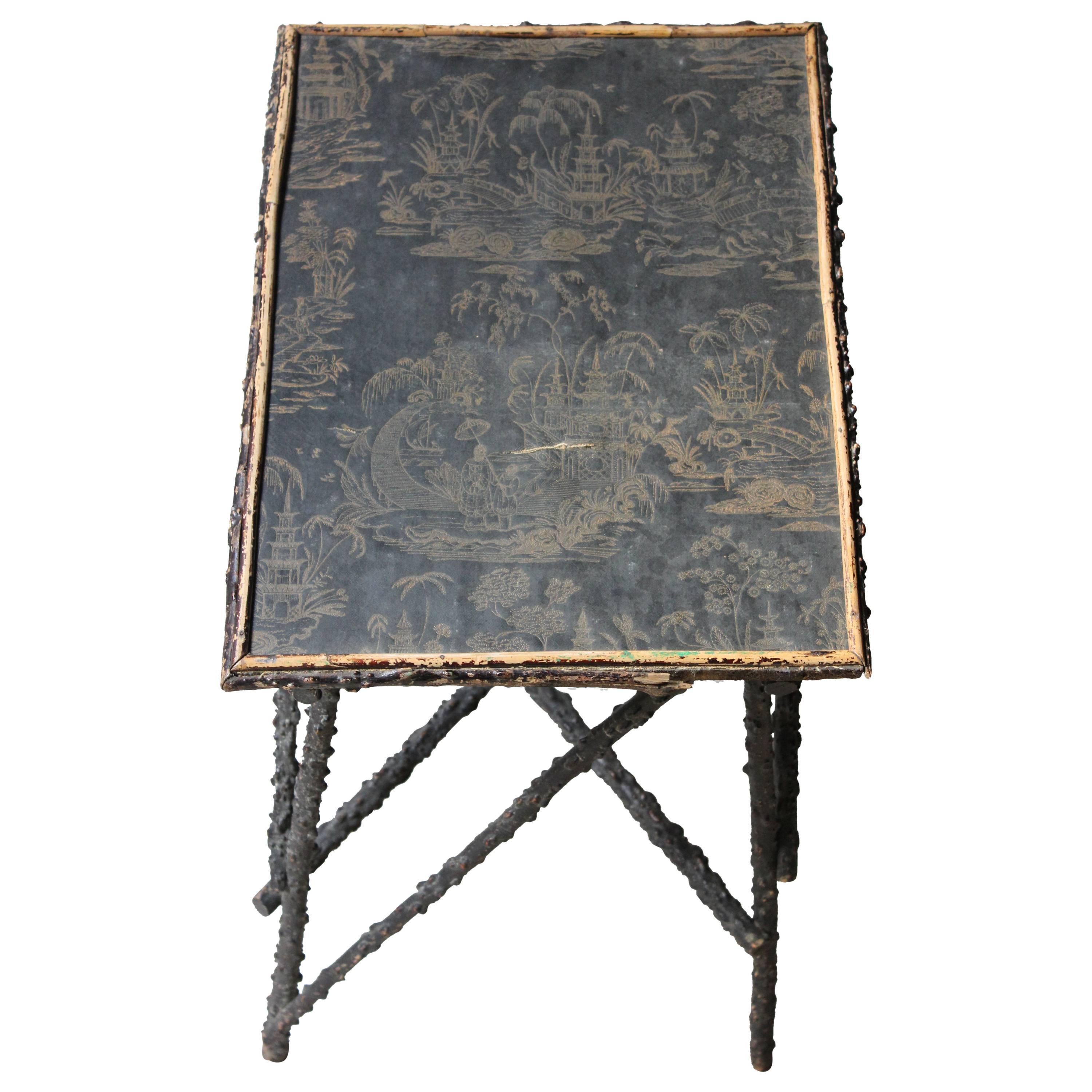 Very Pretty circa 1860-1880 Ebonized and Chinoiserie Decorated Twig Table