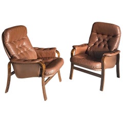Westnofa-Style Leather Bentwood Lounge Chairs, A Pair