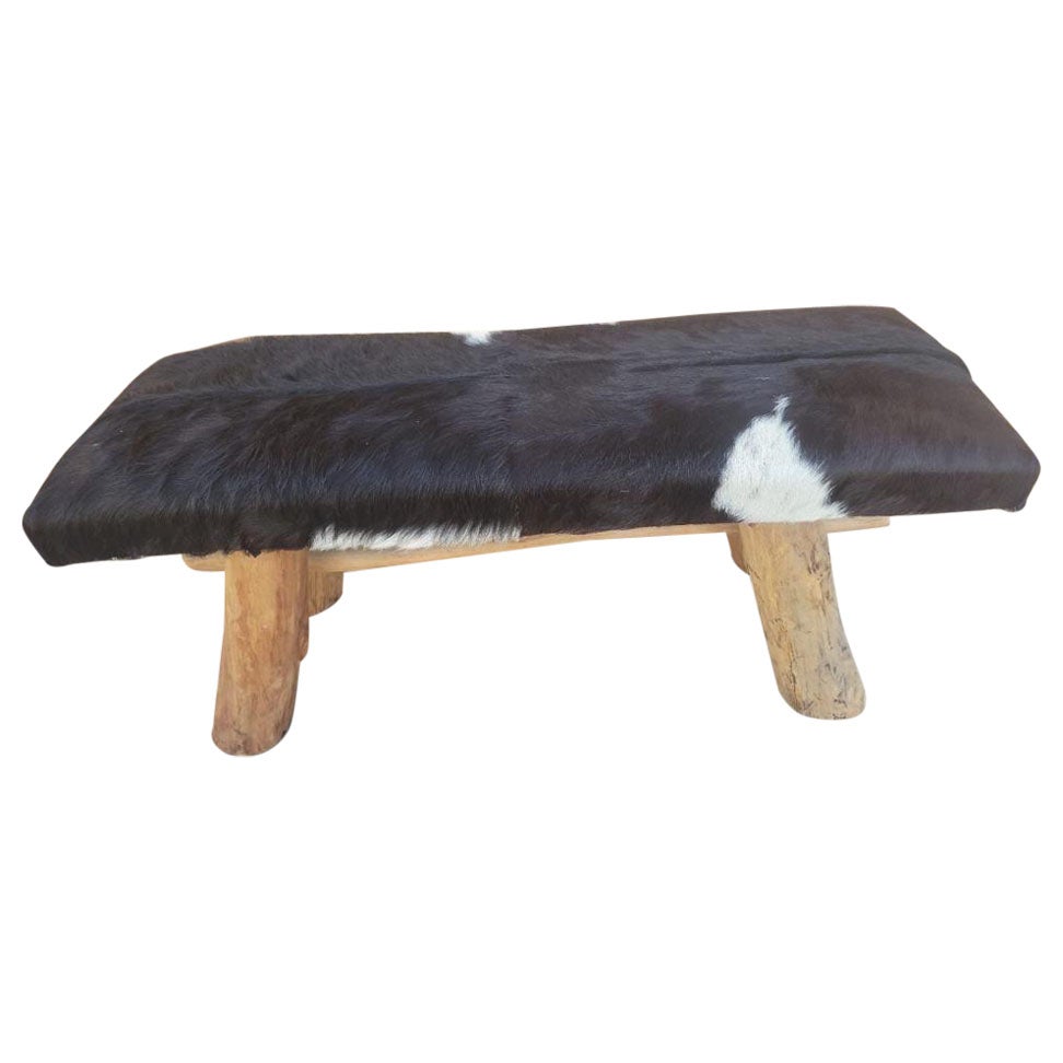Vintage Cowhide Bench With Wooden Legs