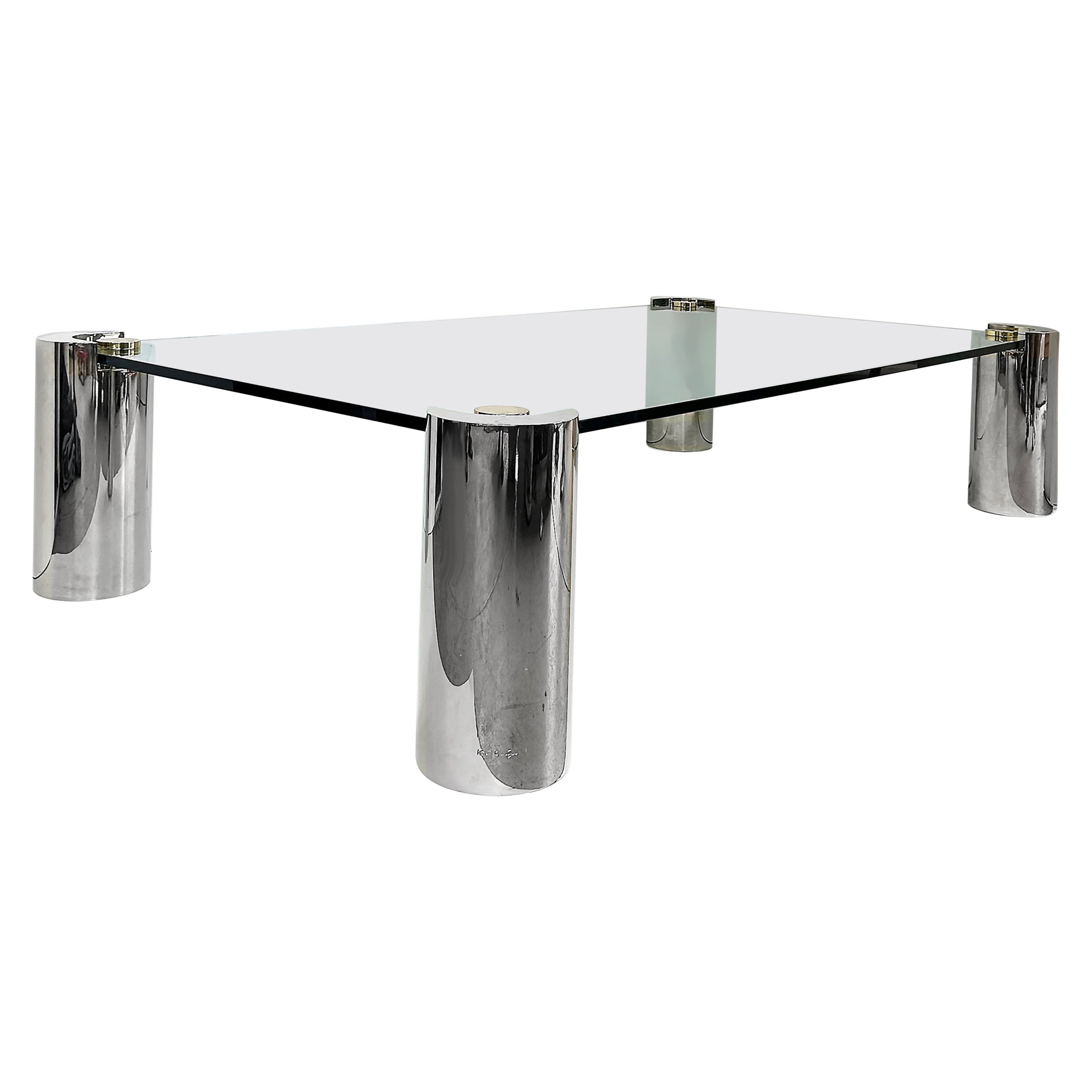 Monumentaler signierter Karl Springer-Cocktailtisch 1980er Jahre, Chrom, Messing und Glas