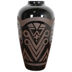 VerMer France Art Deco Large Frosted Black Opaline Glass Vase, 1930s