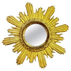 Vintage Hollywood Regency Italian Carved Giltwood Sunburst Wall Mirror