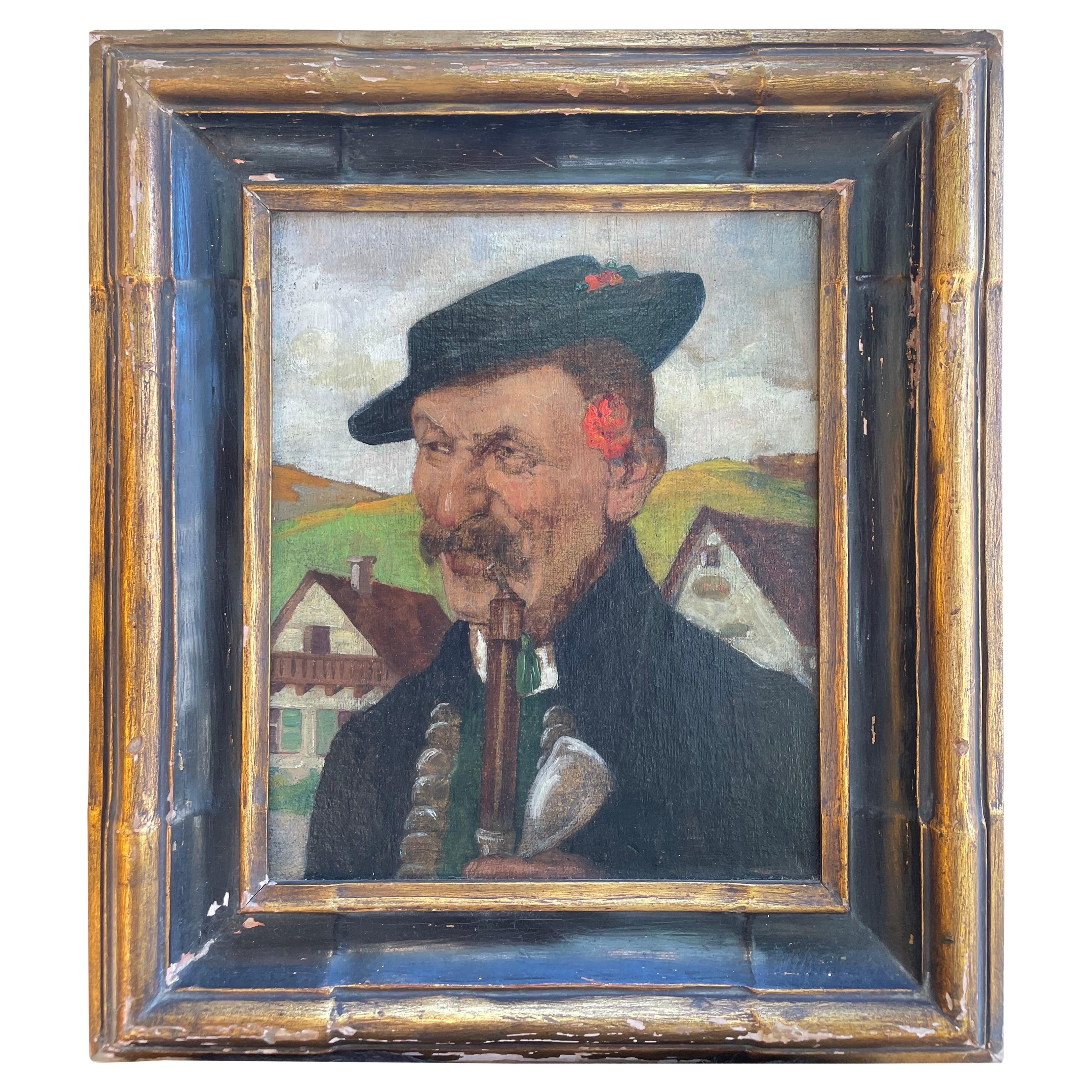 Vintage Hungarian Folk Portrait Oil Painting in Rustic Frame