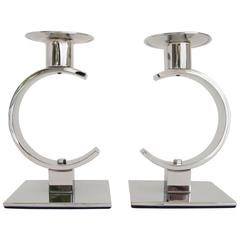 Pair of English Art Deco Chrome Geometric Candlesticks by Mayfair Products