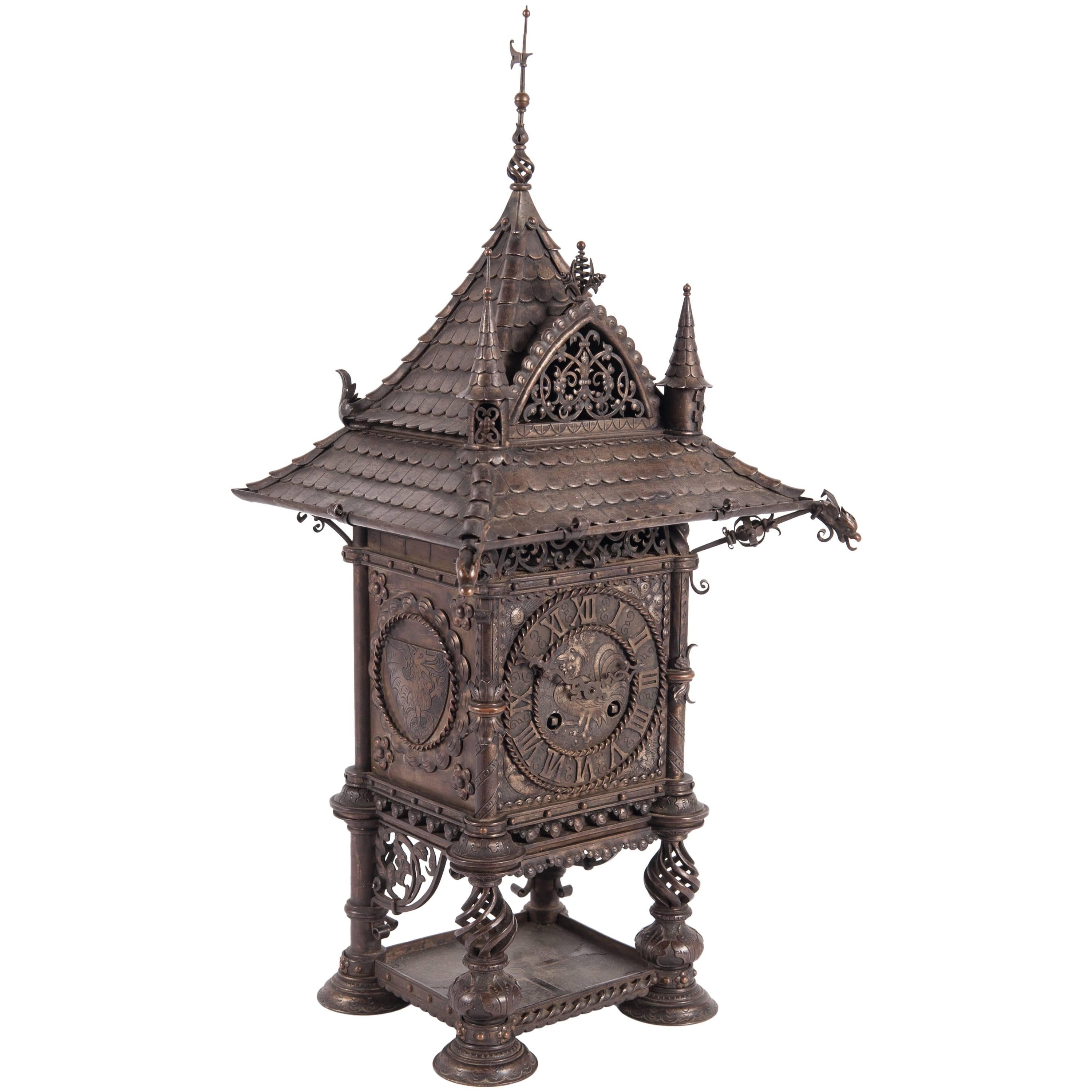 Very Nice and Decorative Wrought Iron Mental Clock, circa 1900 For Sale