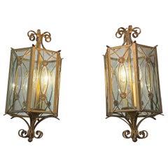 Italian Regency gilt Iron Glass Hexagon Lantern Fixtures