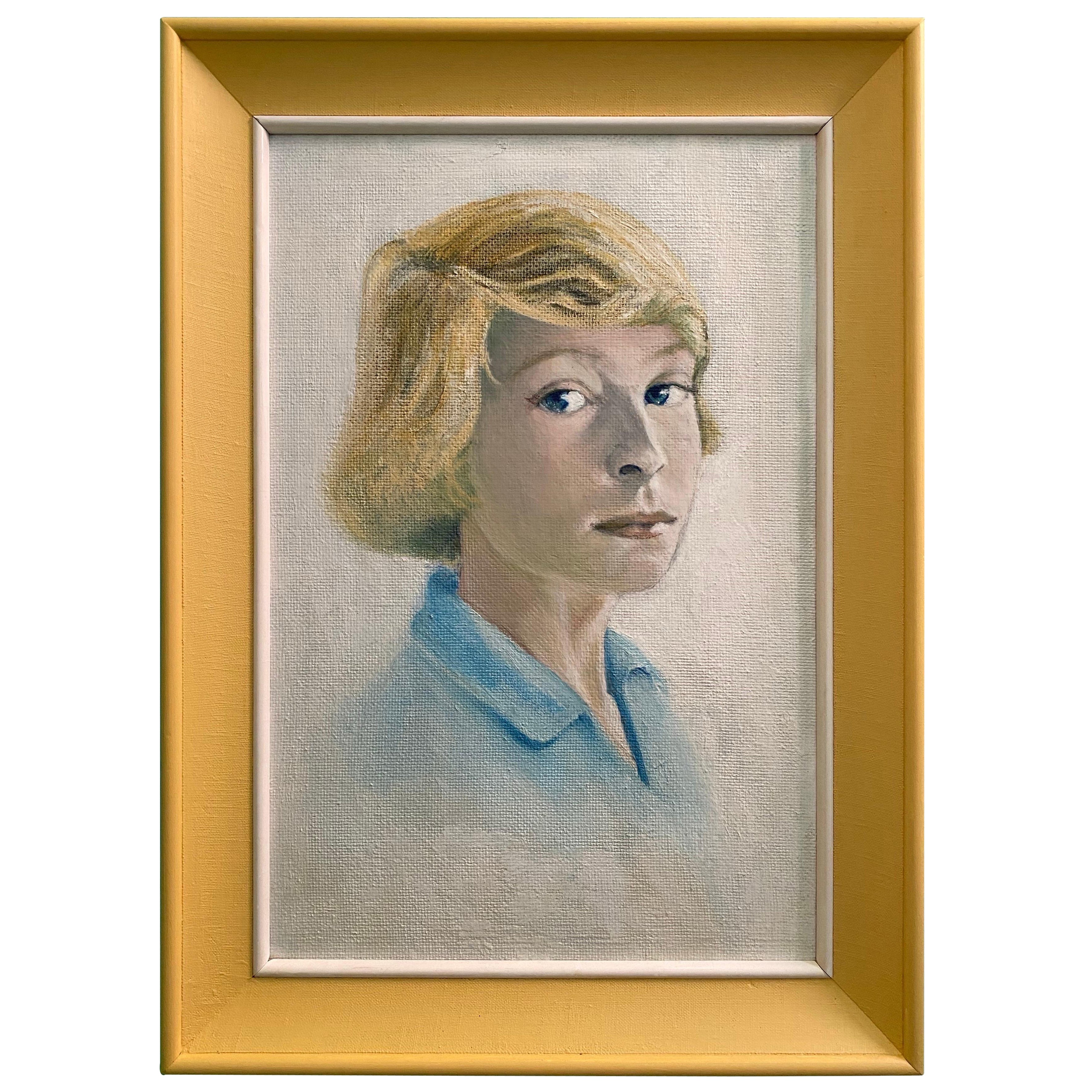 Yellow and Blue Mid-century Portrait of a Young Woman, unsigned circa 1960