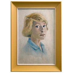 Ritratto di giovane donna giallo e blu di metà secolo, non firmato, circa 1960