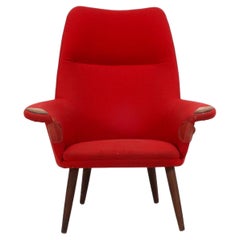 Danish Modern Highback Lounge Chair in Crimson Wool With Teak Paws