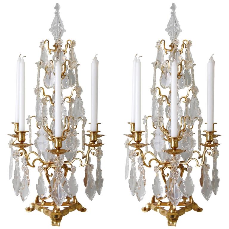 Monumental Pair of Antique French Gilt Bronze and Crystal Girandole