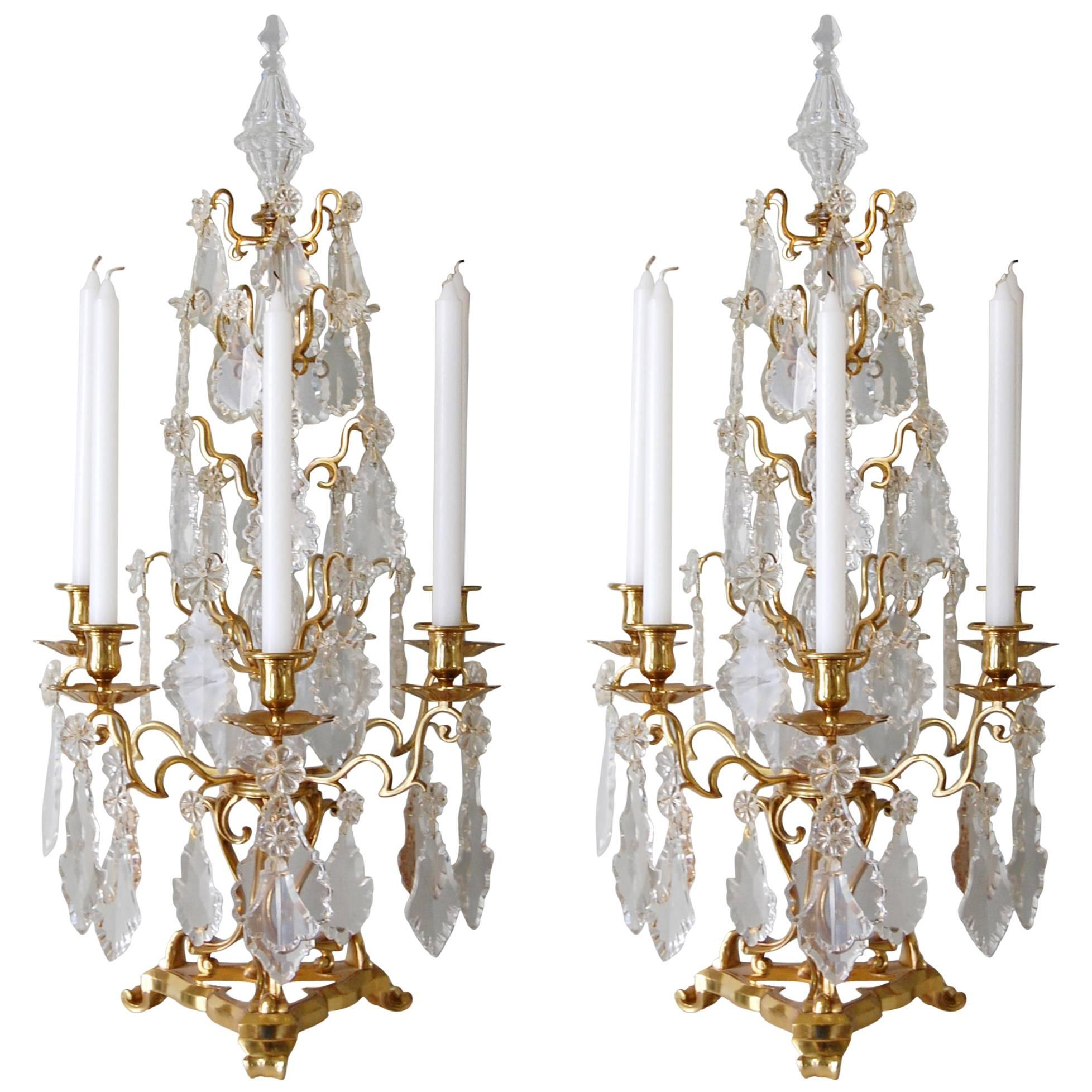 Monumental Pair of Antique French Gilt Bronze and Crystal Girandole Candelabra For Sale