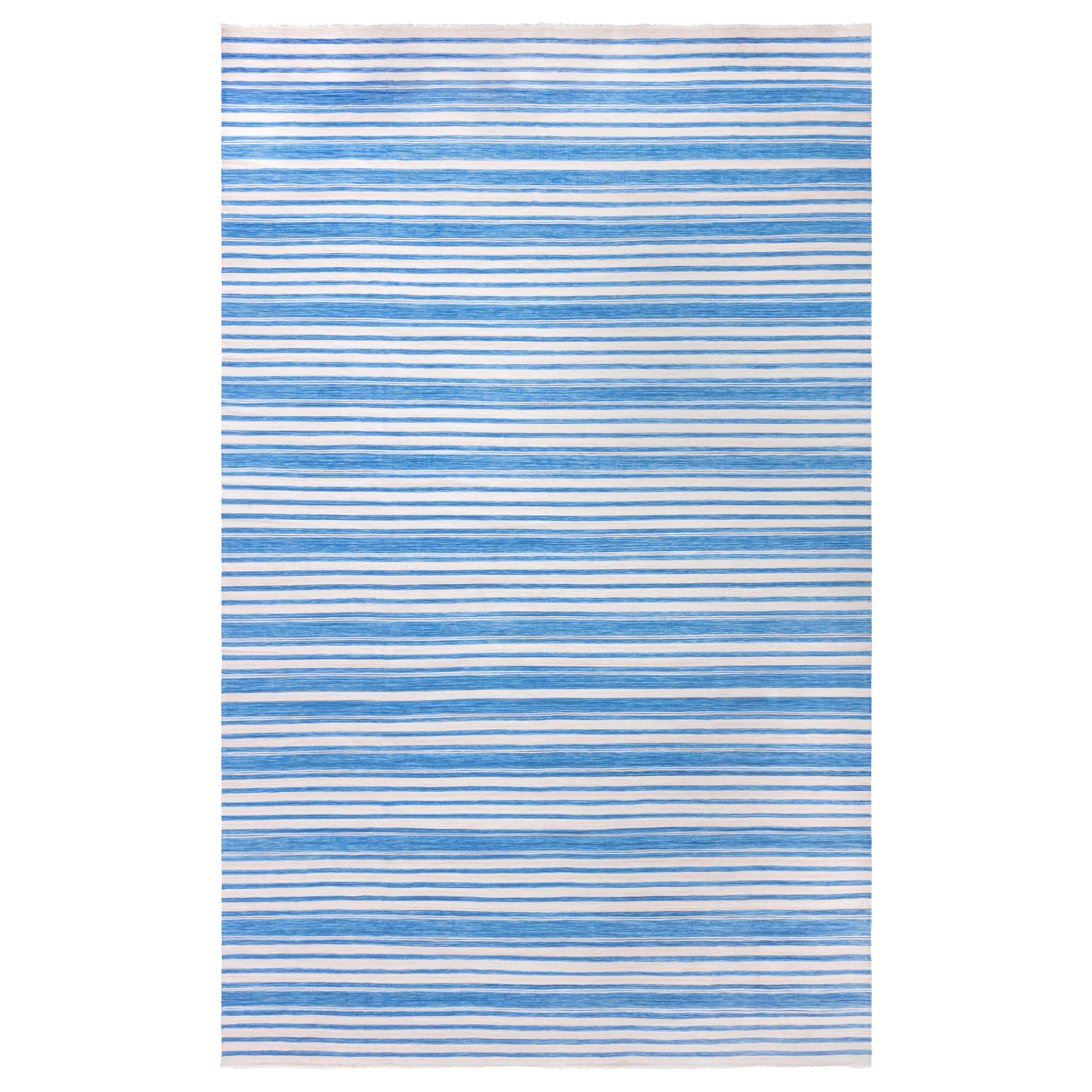 Contemporary Striped Blue Dhurrie Rug von Doris Leslie Blau
