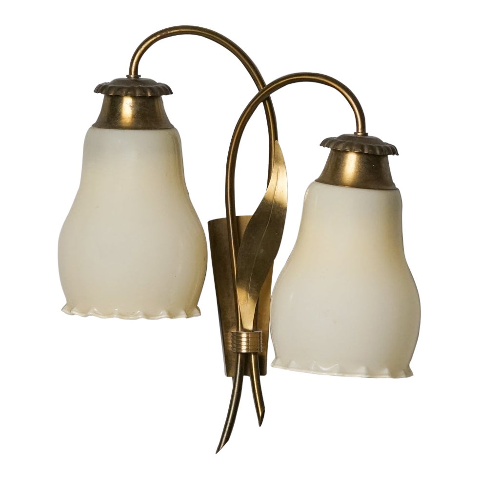 Brass and Glass Two Arm Wall Light, Finland, 1950s