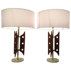 Sensational Modernist Pair of Mid-Century Walnut Table Lamps, Marble Base