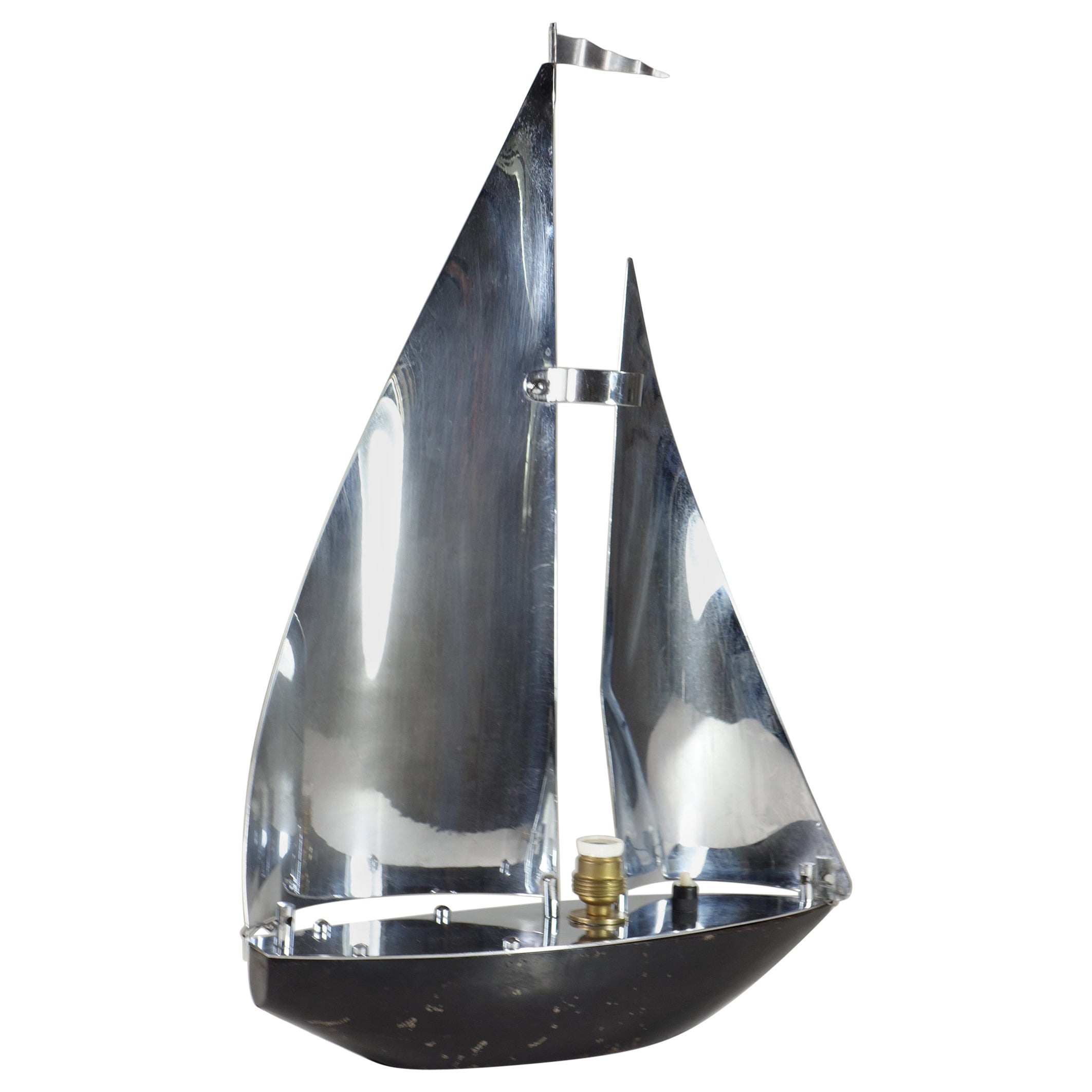 1930 France Art Deco Nickel Brass Seiling Boat Lamp
