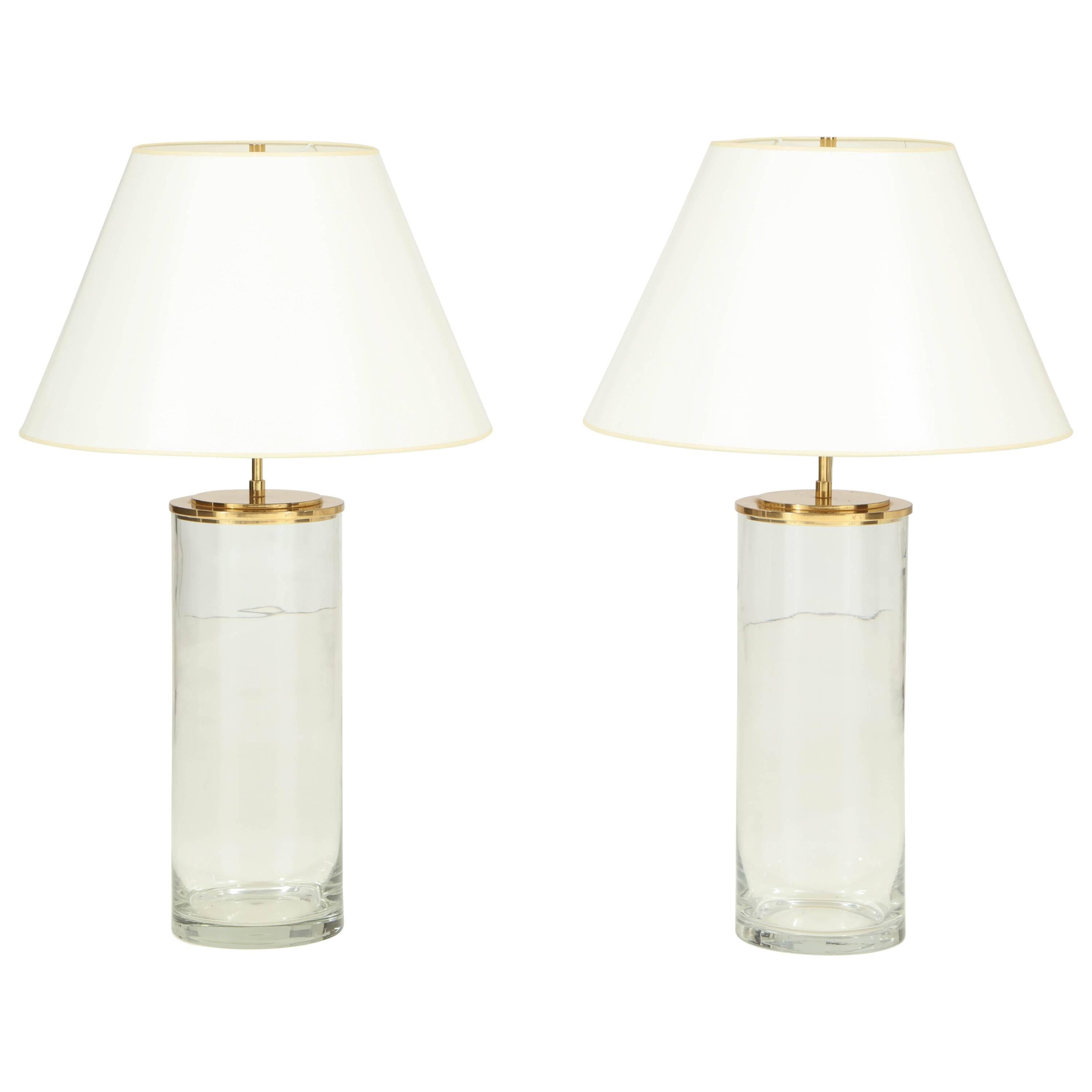 Large Minimalist Pair of 1970s Harry Hinson Glass and Brass Table Lamps