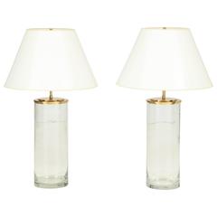 Large Minimalist Pair of 1970s Harry Hinson Glass and Brass Table Lamps