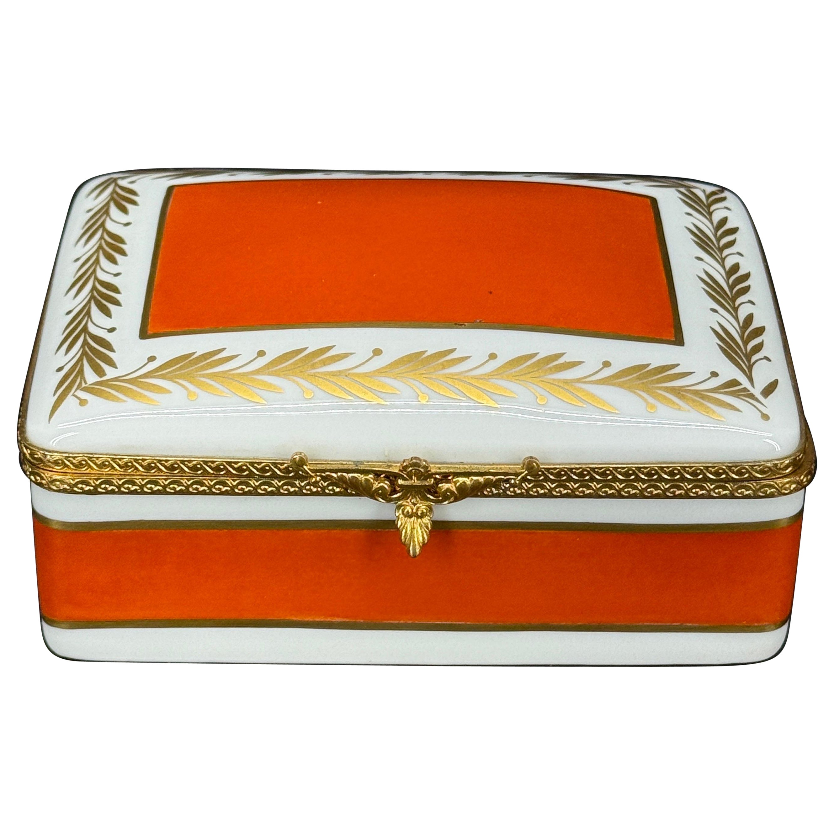 Large French Limoges Porcelain Rectangular Orange Gilt Box
