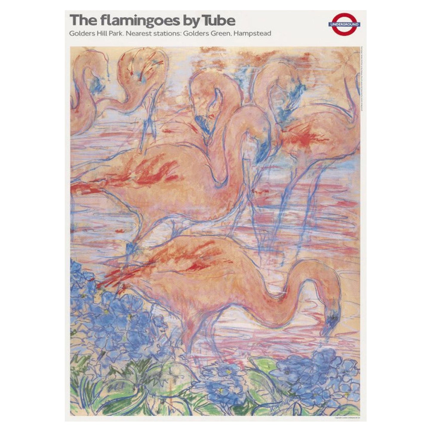 1987 TFL - I fenicotteri in metropolitana - Golders Hill Park Poster originale d'epoca