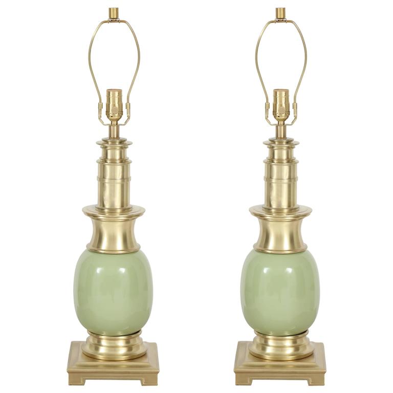 Pair of Celadon Green Ceramic and Brass Lamps by Stiffel at 1stDibs