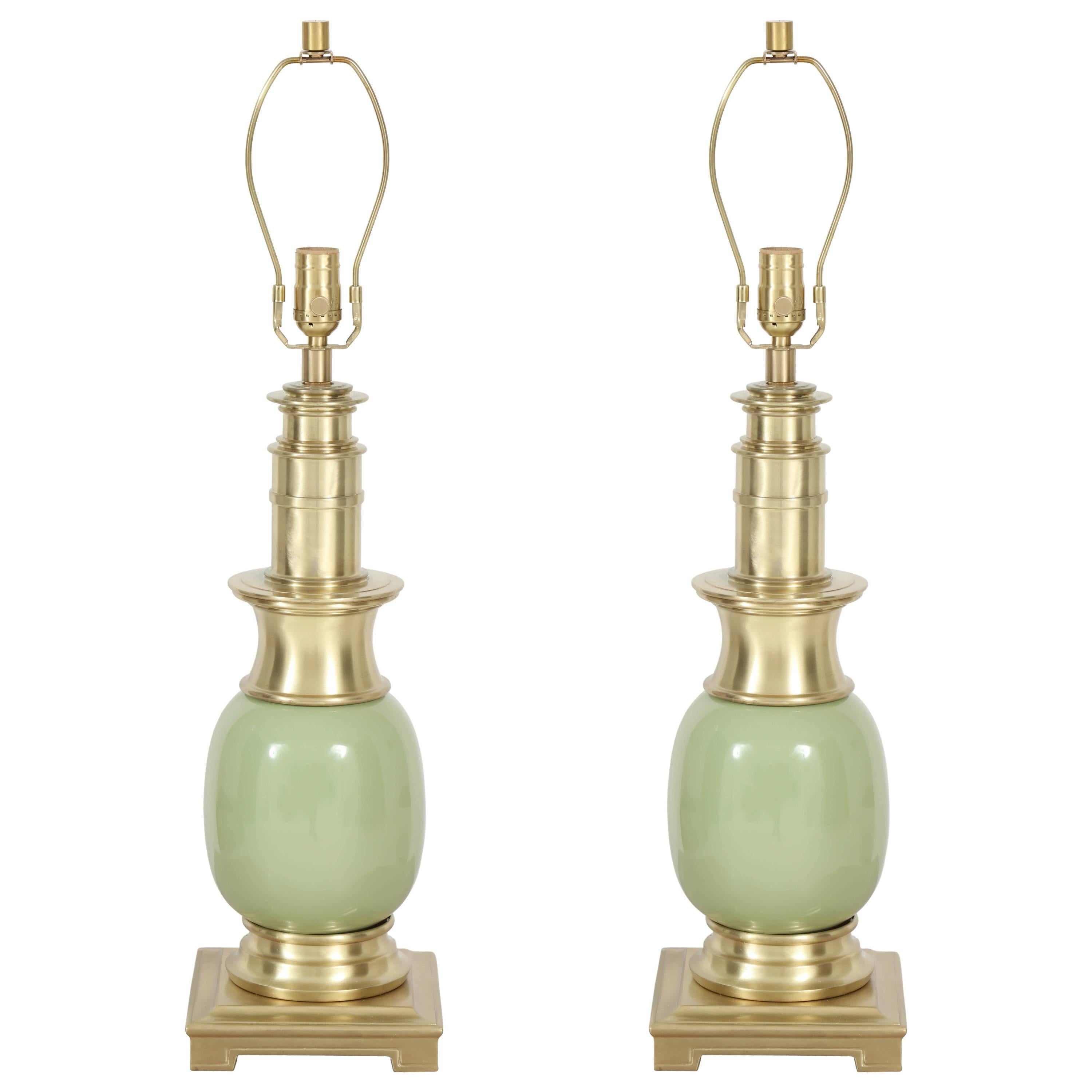 Pair of Celadon Green Ceramic and Brass Lamps by Stiffel